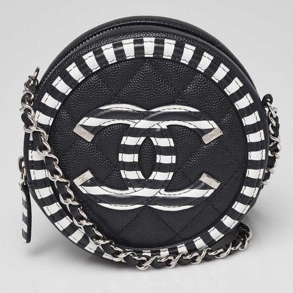 Chanel Black/White Quilted Caviar Leather Filigree Vanity Round Clutch - Picture 1 of 10